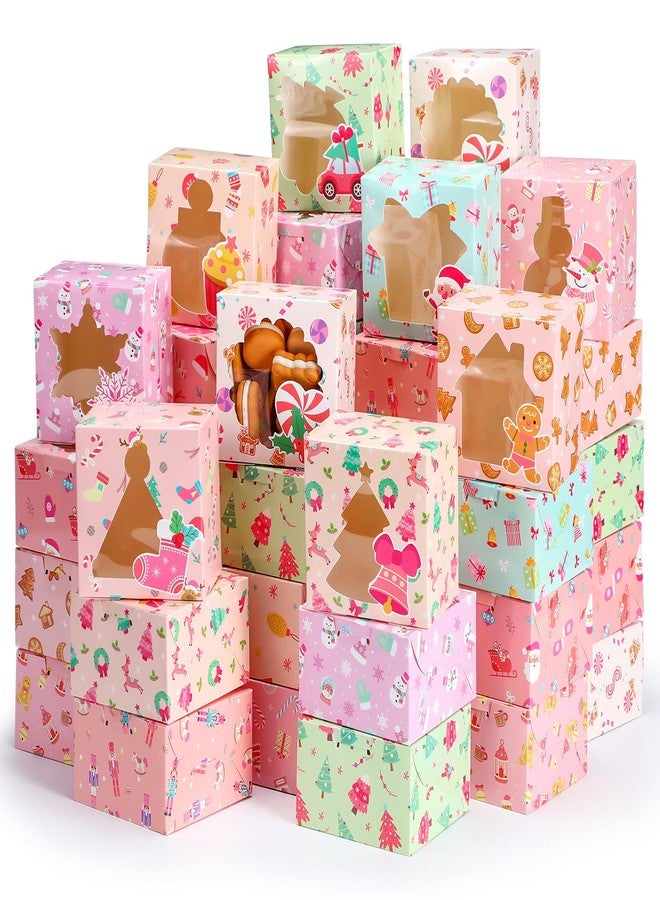 ForraFun 120 Pcs Cookie Christmas Boxes for Gift Giving Pink Christmas Treat Boxes with Window 12 Design for Bakery Pastry Dessert Cupcakes Brownies Snacks Macaron Candy Party Favor - Image 1